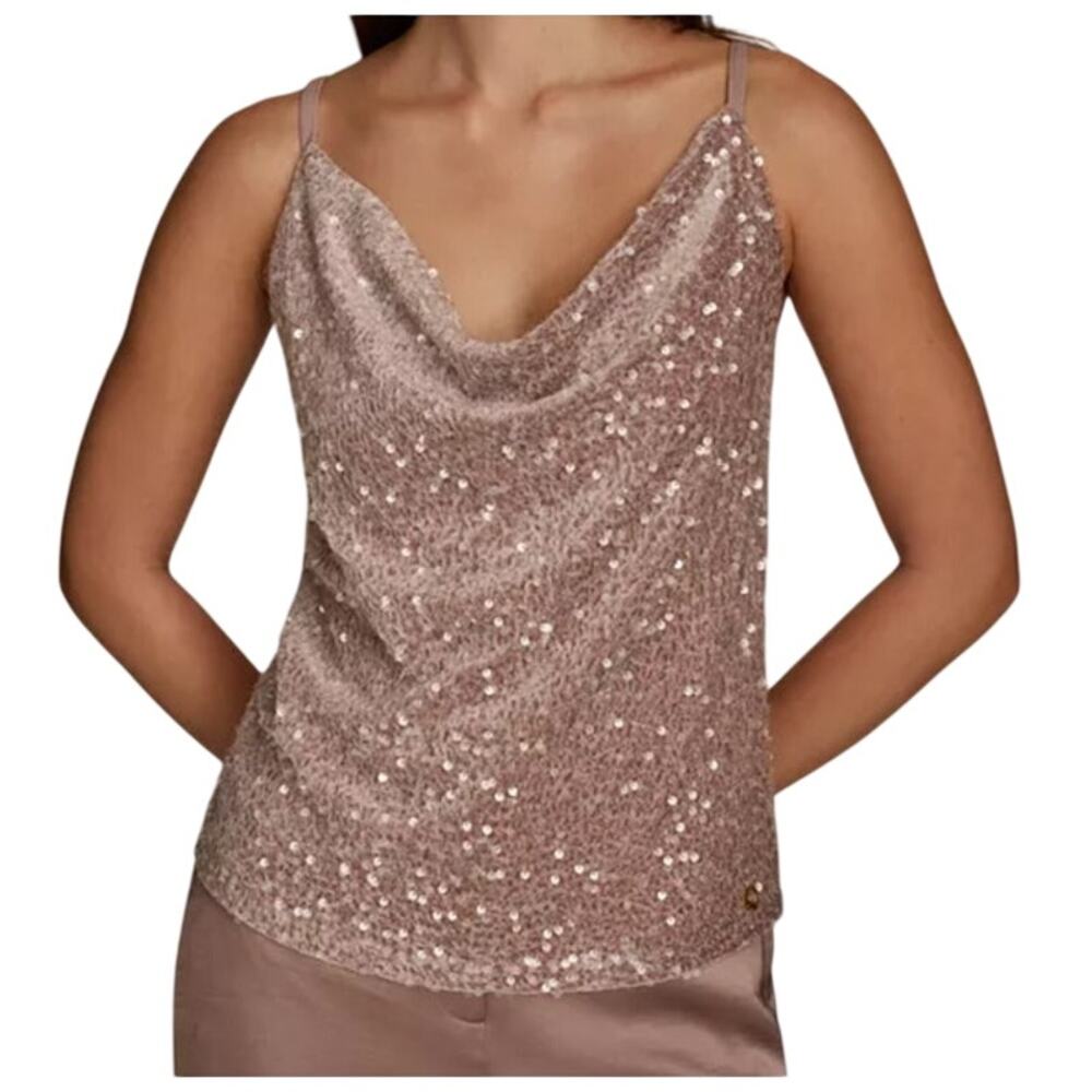 Donna Karan New York Sleeveless Cowl Neck Sequin Top in Mink Pink